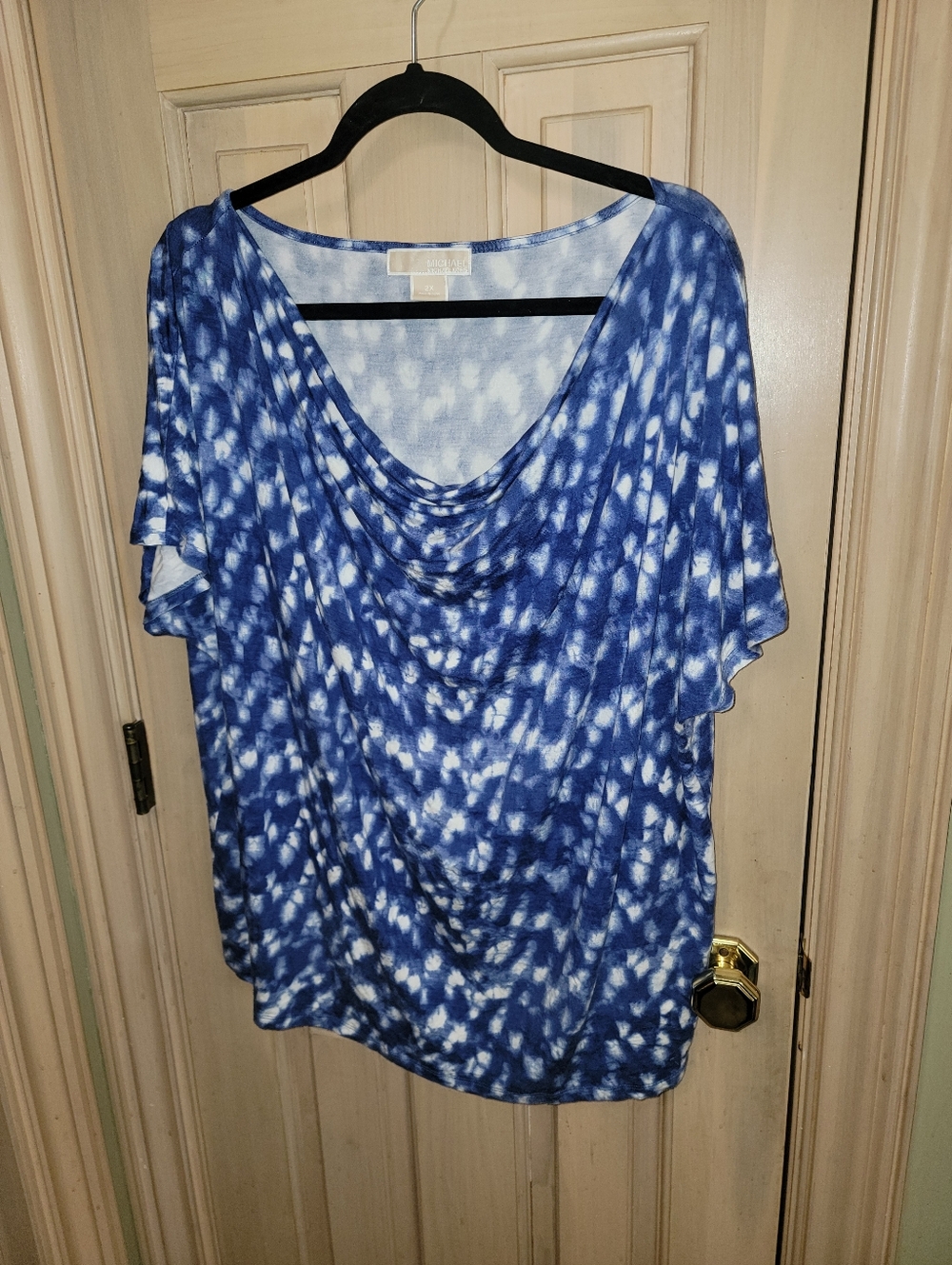 Michael Kors Blue Tie-Dye Drape Neck Shirt Flutter Sleeves Womens Plus Sz 2X